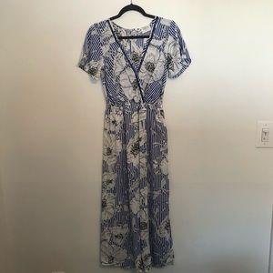 Blue, Black & White Floral wide leg Romper